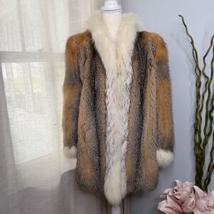 Vintage Red Fox‎ Fur Coat Mid Length Glam Winter White Gray Lined Women's Medium